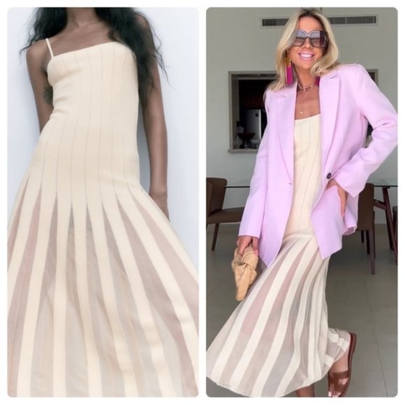 Zara cream pleated dress cheap